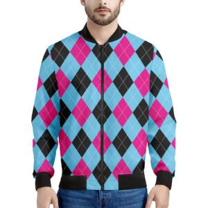 Blue Pink Black Argyle Pattern Print Men's Bomber Jacket