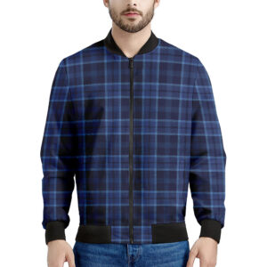 Blue Tartan Pattern Print Men's Bomber Jacket - Premium Polyester Blend