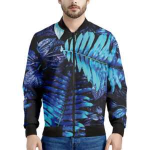 Blue Tropical Leaves Print Men's Bomber Jacket - Premium Polyester Blend