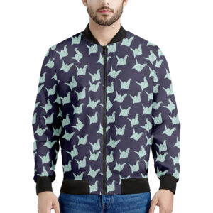 Blue Origami Crane Pattern Print Men's Bomber Jacket - Premium Polyester Blend