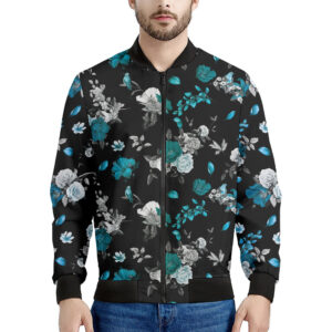 Blue Peony and Grey Rose Floral Print Men's Bomber Jacket