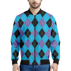 Blue Purple Black Argyle Print Men's Bomber Jacket