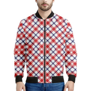 Blue Red White American Plaid Print Men's Bomber Jacket