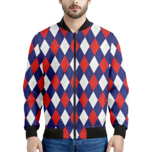 Blue Red White Argyle Pattern Print Men's Bomber Jacket