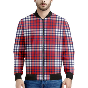 Blue Red White USA Plaid Print Men's Bomber Jacket