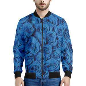 Blue Rose Print Men's Bomber Jacket - Premium Polyester Blend, Durable & Comfortable