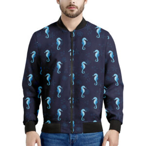 Blue Seahorse Pattern Print Men's Bomber Jacket - Premium Polyester Blend