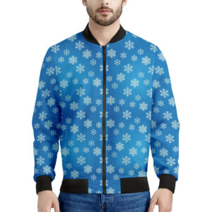 Blue Snowflake Pattern Print Men's Bomber Jacket - Premium Polyester Blend