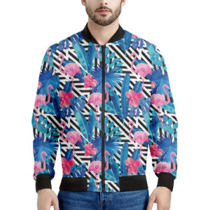 Blue Tropical and Pink Flamingo Print Men's Bomber Jacket