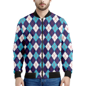 Blue White Red Argyle Pattern Print Men's Bomber Jacket