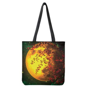 Yellow Full Moon Print Tote Bag - Polyester Double-Sided Shoulder Carry